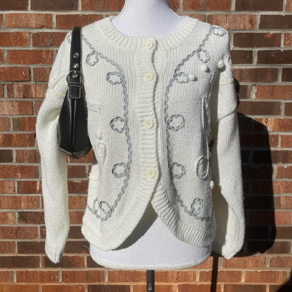 Vintage One Step Up Small Coquette White Silver Embellishment Knit Sweater